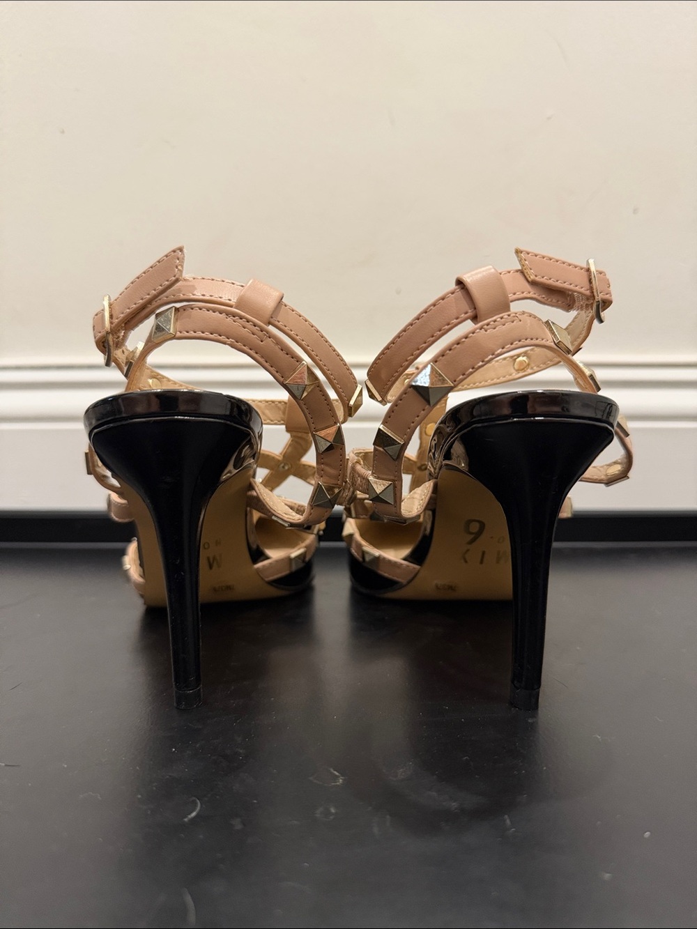 Studded Strappy Pointed-Toe Pumps - Black and Nude - Picture 3 of 4